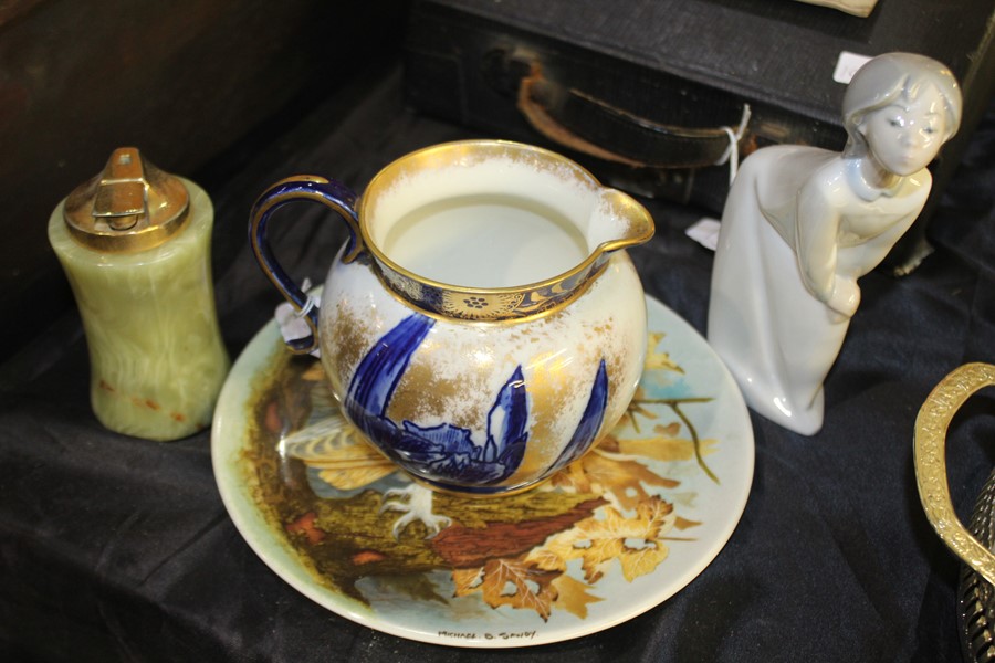 Porcelain to include Coalport barn owl plate, Royal Doulton jug, Lladro figure, onyx table