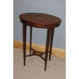 Edwardian mahogany and marquetry inlaid occasional table, the oval top with stylised shell marquetry