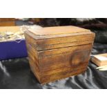 Victorian mahogany and marquetry inlaid tea caddy, the hinged lid opening to reveal two interior