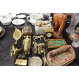 Works of art, to include brass tray, carved wooden elephant, brass model animals etc. (qty)