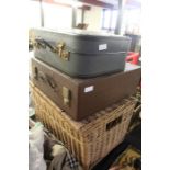 Wicker picnic basket, two cased picnic sets (3)