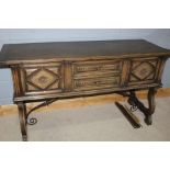 17th Century style Spanish side table, the rectangular top above frieze drawers and cupboards on