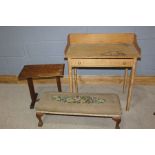 Pine washstand, with a gallery back, together with an oak side table and a foot stool, (3)