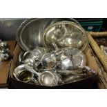 Silver plated wares, to include oval and circular trays, four piece tea and coffee set, tea strainer