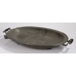 Pewter turkey platter, with turned wooden handles, gravy well and hot water reservoir, 70cm x 46cm