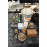 Works of art to include set of balance scales and weights, Mumm champagne bucket, glass bottles,