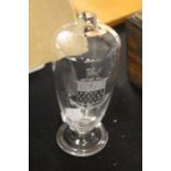19th Century glass oil bottle, with etched crest and latin motto ""Vincit Qui Patitur", 22cm high