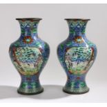 Pair of Chinese cloisonne vases, the blue ground with foliate decoration and cartouches depicting