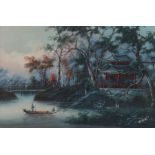 Early 20th Century export Chinese painting of a fishermen on a lake near a wooded island and pagoda.