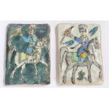 Pair of Eastern tiles decorated with a raised depiction of figure on horseback holding a bird of