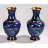 Pair of Chinese cloisonne vases, with waisted necks and bulbous bodies, the blue ground with dragons