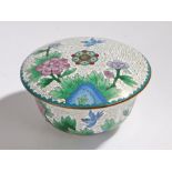 Chinese cloisonne pot and cover, the white ground with bird and foliate decoration, 15.5cm diameter