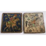 Pair of Eastern tiles decorated with a raised depiction of figure on horseback holding a bird of