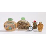 Five Chinese snuff bottles, to include two with figural, landscape and script decoration,