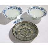 Two blue and white porcelain tazzas, blue and white charger with horse and foliate decoration, AF (