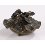 Japanese bronze censor, of small size, with a lotus leaf and frog above, 6.5cm wide