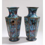 Pair of Chinese cloisonne vases, with waisted necks above tapering hexagonal bodies, the light