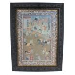 Indian print depicting figures playing polo, housed in a blue scroll decorated glazed frame, the
