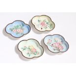 Set of four Chinese cloisonne dishes, of quatrefoil form, the blue and white grounds with foliate