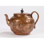 Chinese copper teapot, with foliate and butterfly decorated lid and body, stylised bamboo spout