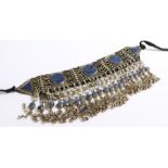 Afghan choker style necklace, with circular and triangular lapis lazuli panels above hanging white