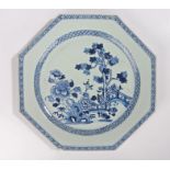 Japanese octagonal blue and white plate, decorated with a landscape scene with trees, flowers and