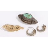 Chinese objects, to include a pair of silver earrings, a turquoise set pendant and a bone dragon, (