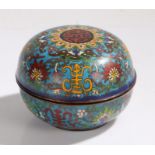 Chinese cloisonne pot and cover, the blue ground with scroll and foliate decoration, 14cm diameter