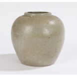 Chinese ginger jar, the pale green jar with a rough surface, the base with a raised six character