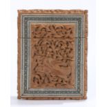 Indian carved hardwood card case, with mosaic marquetry inlay and carved panels depicting a lady and