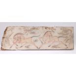 Chinese painted panel, depicting two galloping horses, 73cm wide max x 22.5cm