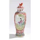 Chinese porcelain vase and cover, the foliate domed cover with dog of fo form finial, the body