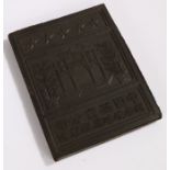Chinese tea brick, moulded with a pagoda to the centre, five stars above and Chinese characters
