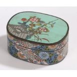 Cloisonne pot and cover, of oval form, the lid with turquoise ground and foliate decoration, the