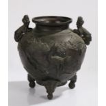 Japanese bronze jardiniere, with dog of fo form handles, the body with raised bird and foliate