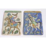 Pair of Eastern tiles decorated with a raised depiction of figure on horseback holding a bird of