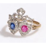 18 carat gold sapphire, diamond and ruby set heart ring, the head with two hearts under a ribbon set