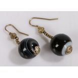 Pair of banded agate earrings, the ball drops with gilt metal mounts, 16mm diameter
