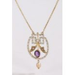 Amethyst pearl and enamel set pendant necklace, with a foliate design and enamel surround, 20mm