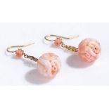 Chinese coral earrings, with carved coral drops, 13mm diameter