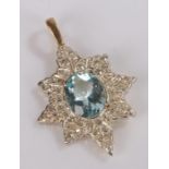 Aquamarine and diamond set pendant, the central aquamarine at 1.95 carat and a diamond surround at