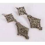 Pair of diamond set earrings, the drops with rose cut diamonds set throughout, an estimated total