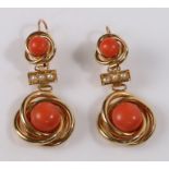 Pair of gold coral and pearl earrings, the cabochon coral separated by a row of pearls, 37mm long