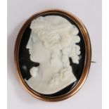 19th Century agate cameo brooch, the carved classical head with a rose metal surround, 41mm diameter