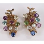 Pair of multi stone set earrings, with the flower head drop set with the stones, clip back, 27mm