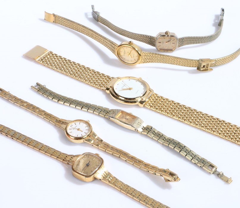 Six ladies gilt cased wristwatches, to include example by Citron, Timex, Accurist, Constant,