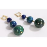 Pair of lapis lazuli earrings, each with three graduated spheres and gilt mounts
