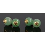 Pair of jade cufflinks, with foliate tipped ball links