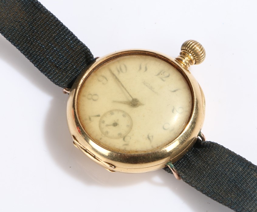 Waltham 18 carat gold pocket watch, now mounted as a wristwatch, the signed white dial with Arabic