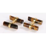 Pair of tigers eye and gilt metal cufflinks, with chamfered ends